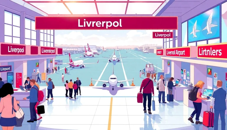 Liverpool Airport showcasing travelers checking in at a bustling terminal with vibrant signage.
