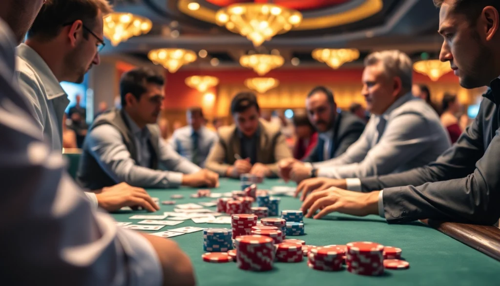 Permainan domino88 login poker game yang menarik dengan pemain di meja poker dan suasana yang mendebarkan.