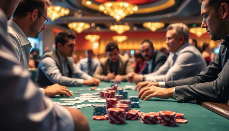 Permainan domino88 login poker game yang menarik dengan pemain di meja poker dan suasana yang mendebarkan.