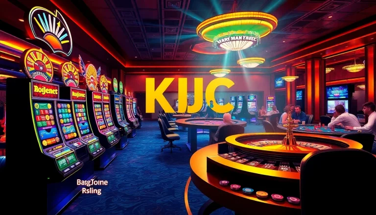 KJC AC 1: A lively casino scene showcasing roulette, poker, and slot machines, inviting players to join the fun and excitement.