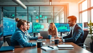 Engage with https://benchbot.ai through a vibrant representation of collaborative AI testing in a modern office.