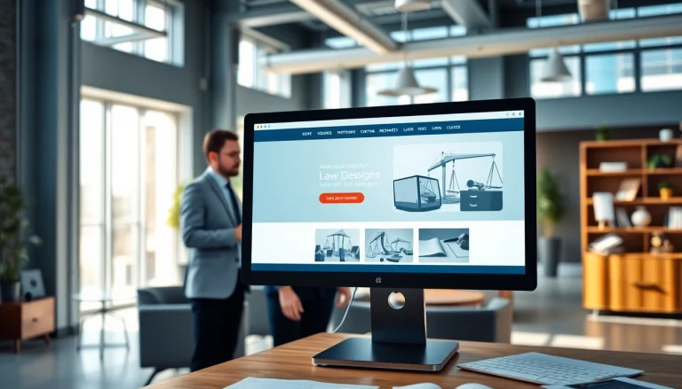 Design an appealing law firm website at https://www.websites.law with professionals collaborating in a modern office.