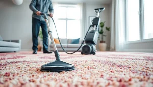 Carpet cleaning Dubai by a technician in a modern living room setting.