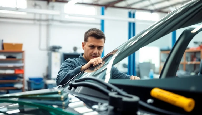 Auto glass shop near me technician replacing a windshield in a bright workshop.