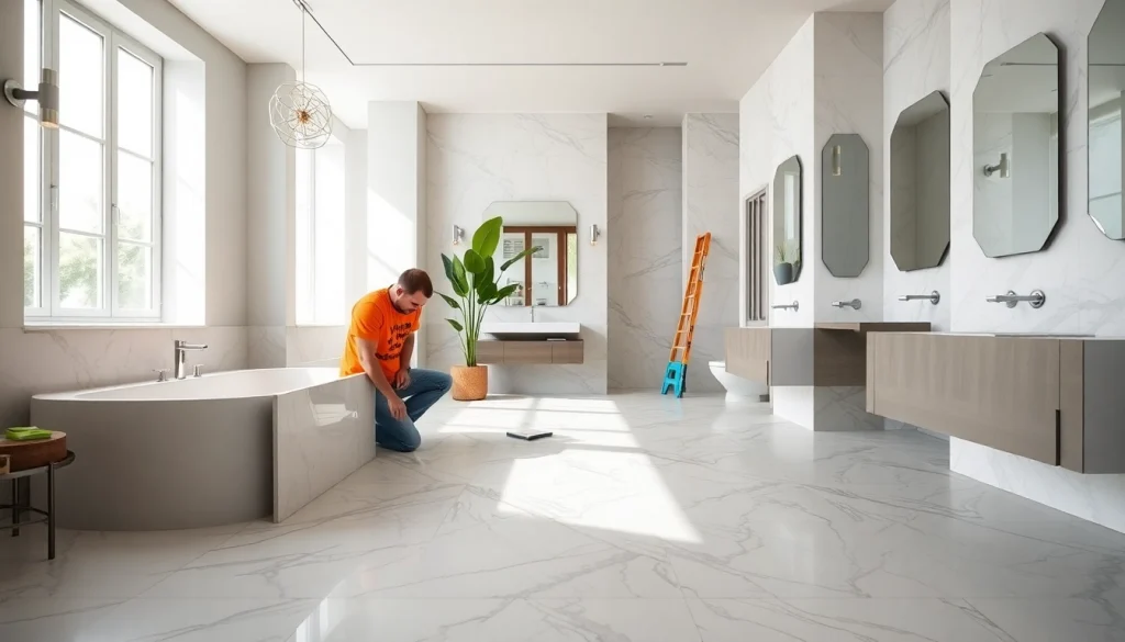 Bathroom builders skillfully renovating a modern bathroom with elegant features and natural light.