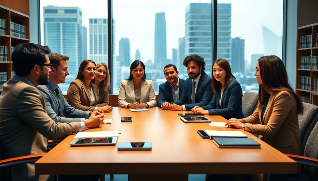 Engaged professionals at http://www.jacobsonpilaw.com discussing legal matters in a modern office.