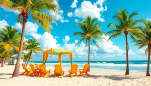 Relax under the coastal cabana while enjoying a bright beach atmosphere filled with palm trees.