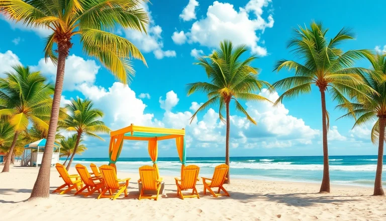 Relax under the coastal cabana while enjoying a bright beach atmosphere filled with palm trees.