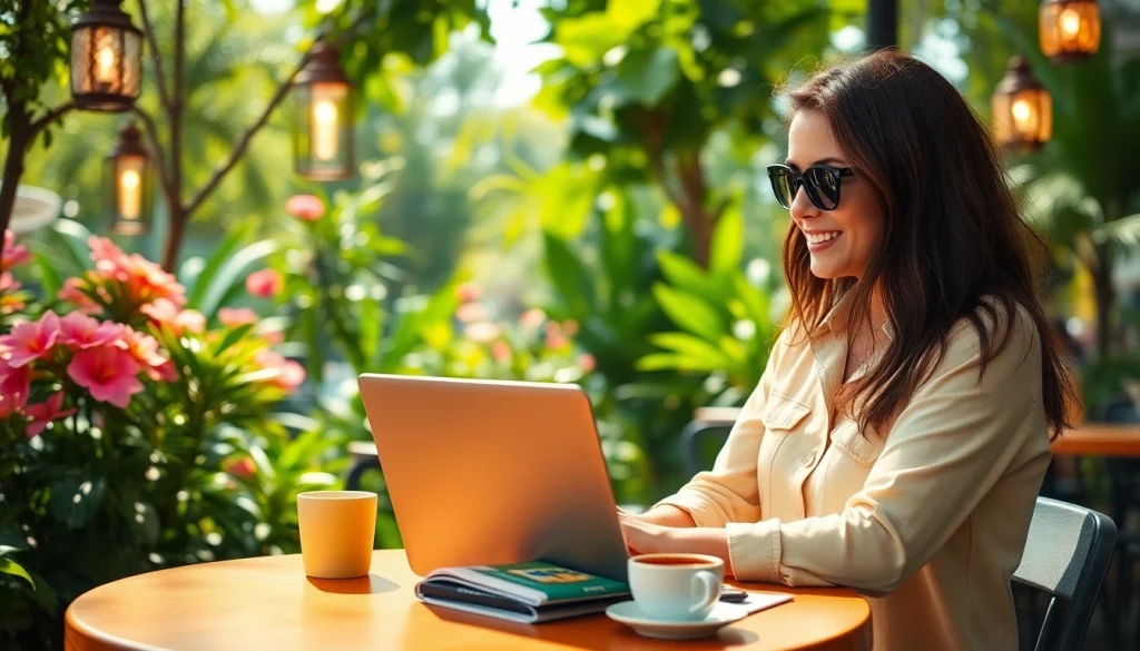 Engaging travel blogger at café planning adventures using https://travelvixta.com