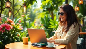 Engaging travel blogger at café planning adventures using https://travelvixta.com