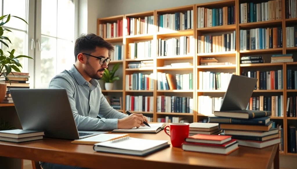 Writer crafting a guestpost surrounded by creative resources in a bright workspace.