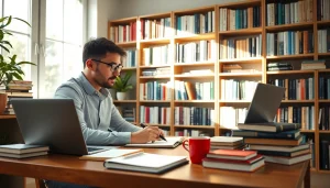 Writer crafting a guestpost surrounded by creative resources in a bright workspace.