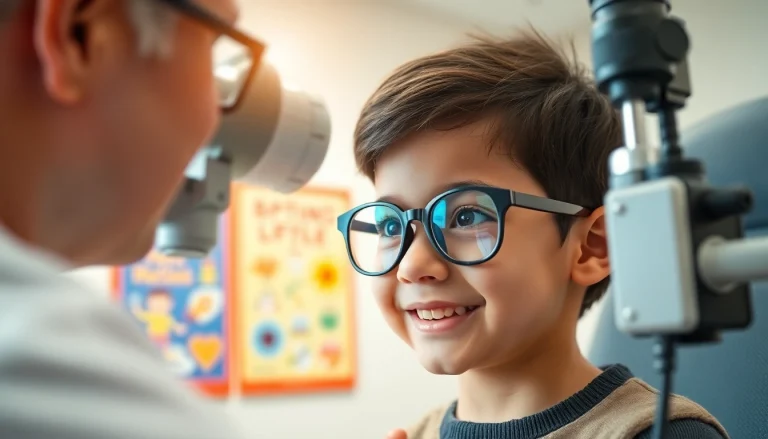 Promote Our Children's Vision through a pediatric eye exam featuring a joyful child with glasses.