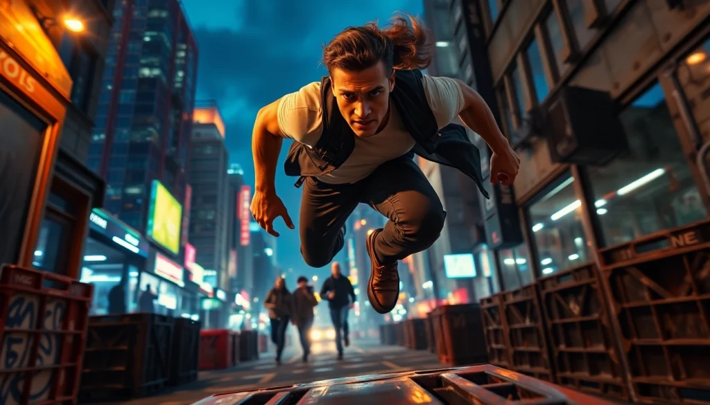 Experience a gripping action-packed thriller chase with a heroic protagonist in a vibrant city setting.