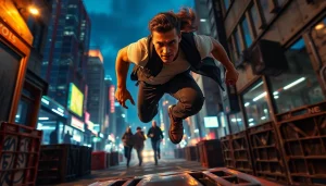 Experience a gripping action-packed thriller chase with a heroic protagonist in a vibrant city setting.