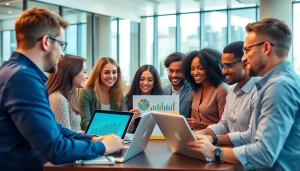 Engaged team performing Competitor Research in a modern office setting with data visuals