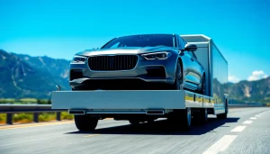 Efficient car transport truck carrying a luxury vehicle across a scenic route.