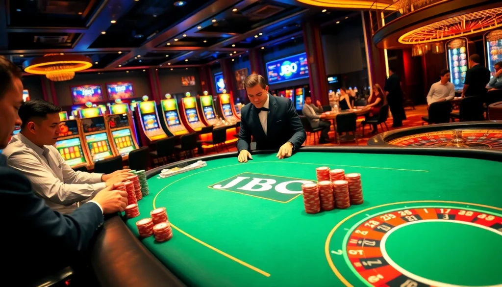 JBO poker table with players strategizing and colorful chips scattered around in a lively casino setting.