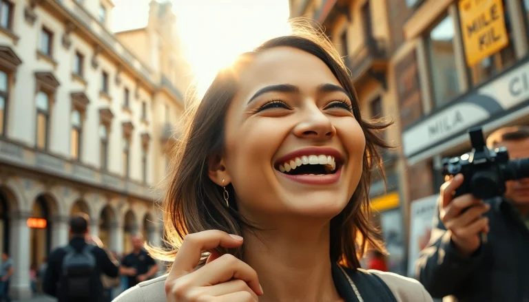 Fotografo di ritratto Milano ritrae un soggetto sorridente in un'affascinante ambientazione urbana.