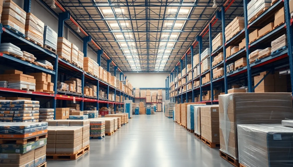 Illustrate warehousing excellence with organized goods and spacious interior for efficient logistics.