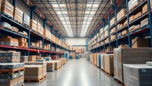 Illustrate warehousing excellence with organized goods and spacious interior for efficient logistics.