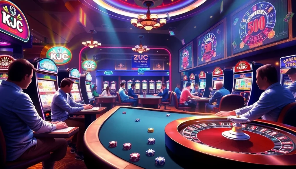 Exciting casino experience at KJC AC 1 with vibrant tables, roulette, and slot machines.