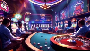 Exciting casino experience at KJC AC 1 with vibrant tables, roulette, and slot machines.