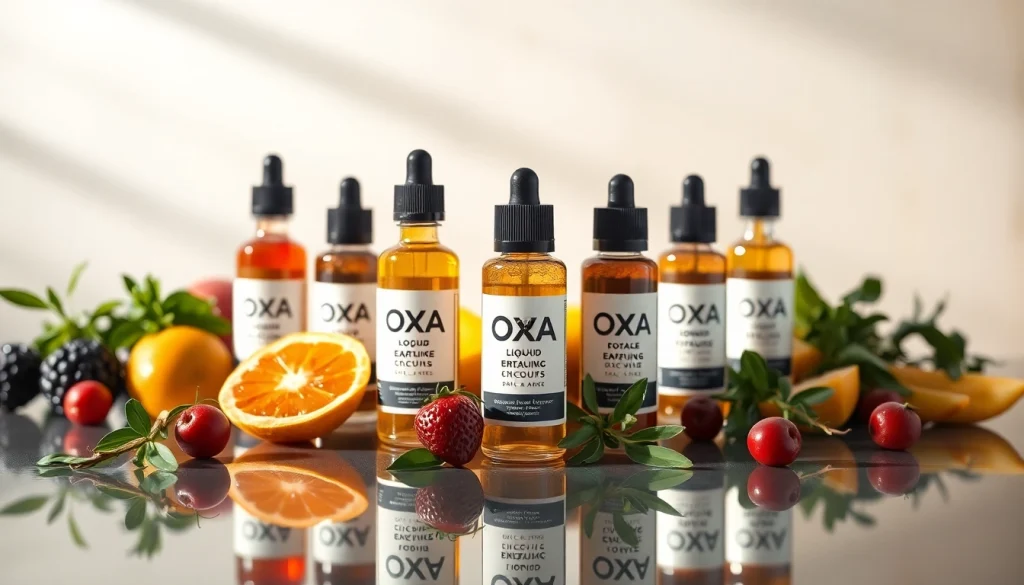 Verlockendes Oxva Liquid in eleganter Anordnung mit frischen Früchten und Kräutern.