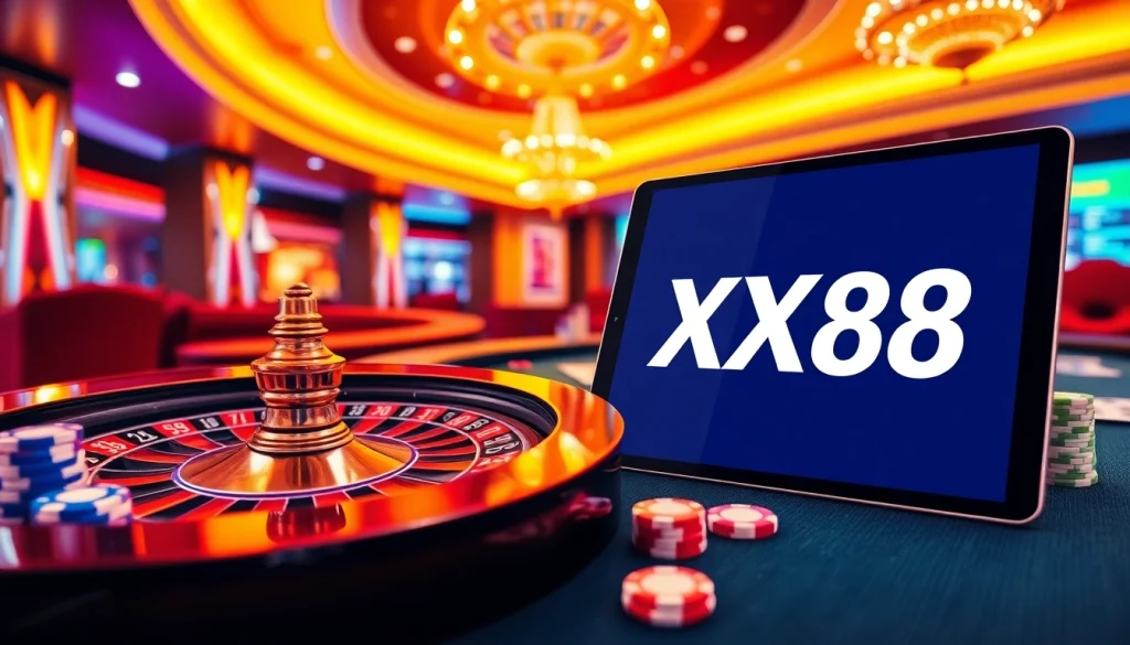 Experience high-stakes gaming action at XX88 with vibrant casino tables and dynamic gambling elements.