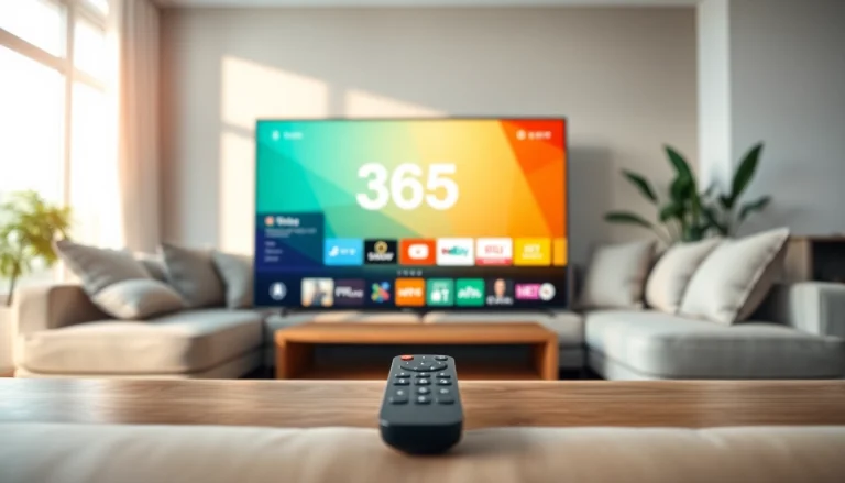 365티비주소를 보여주는 현대적인 스트리밍 서비스 인터페이스와 함께하는 거실에서의 자유로운 장면