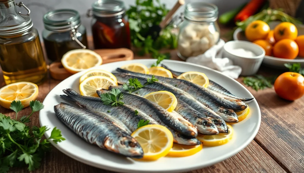 Deliciosas sardianas premium preparadas con limón y hierbas en una cocina mediterránea.