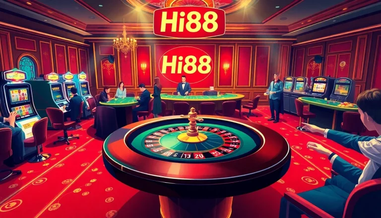 Hi88 casino scene showcasing eager players at a roulette table with vibrant colors.