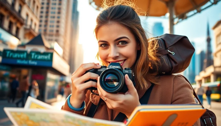 Capture the excitement of travel with https://travelingossip.com as a travel blogger enjoys a vibrant urban landscape.