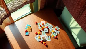 Bermain komengtoto dengan kartu dan token yang berwarna-warni di meja kayu.