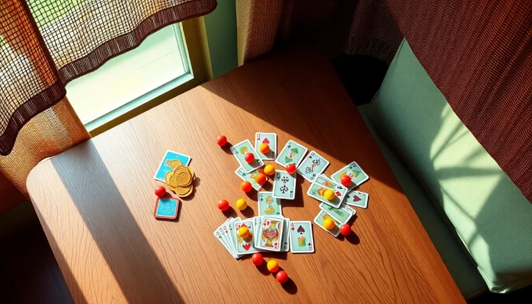 Bermain komengtoto dengan kartu dan token yang berwarna-warni di meja kayu.