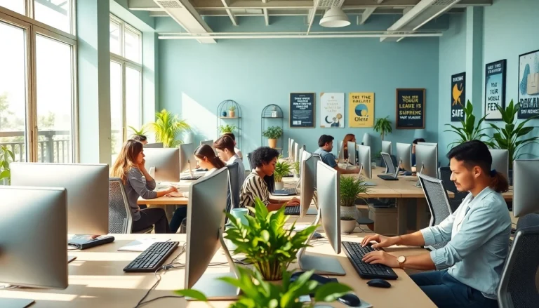 Engaged professionals at a typing center showcasing teamwork and productivity.