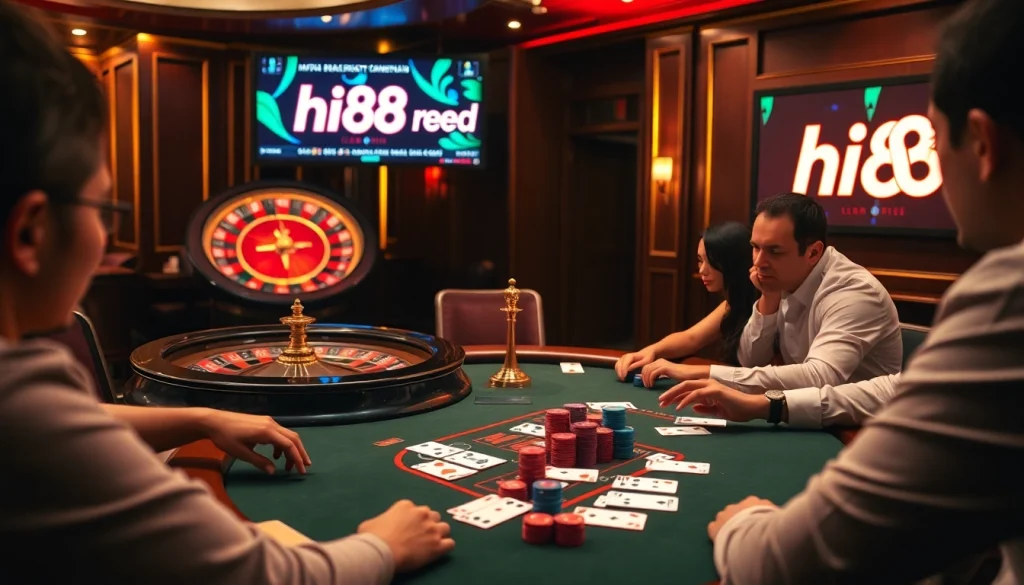 Hi88 red ignites an exciting poker game with vibrant chips and cards on a casino table.