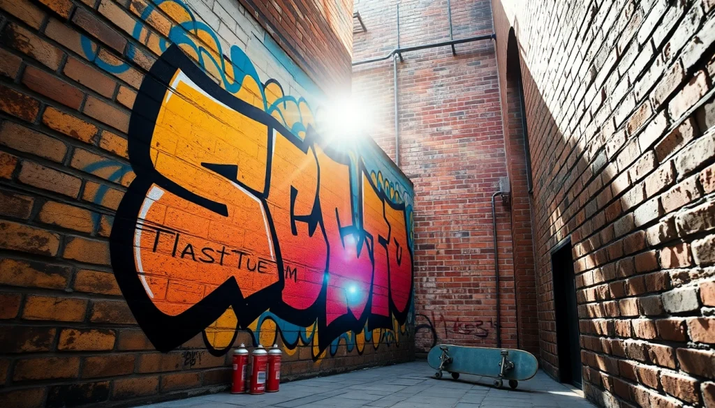 Graffiti wall art showcasing vibrant colors and urban elements for a dynamic atmosphere.