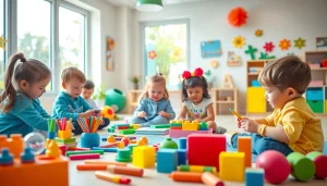 Engaging children’s activities at https://juniorsjunction.com daycare center with vibrant toys and natural light.