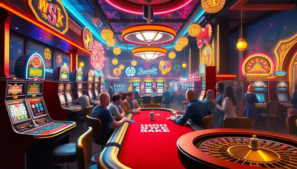 Engaging scene from https://mega888tm.club featuring a high-stakes poker game in a vibrant gaming arcade.