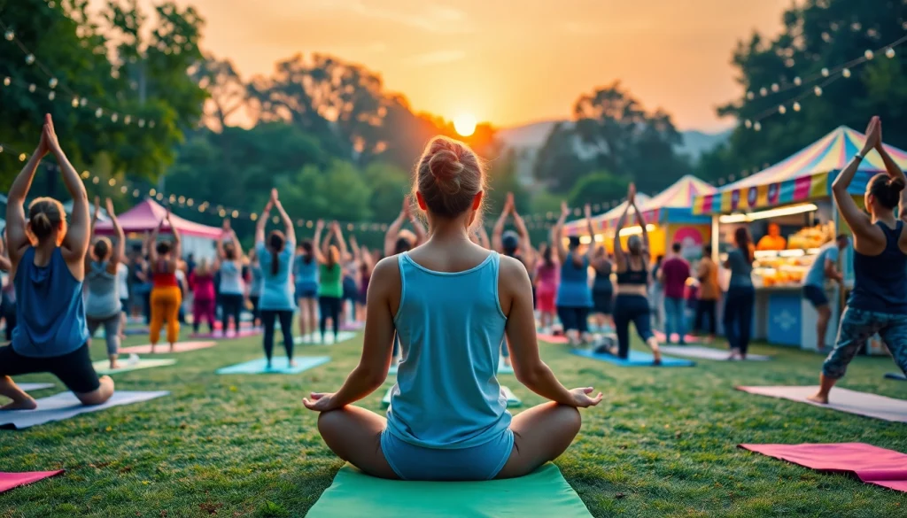 Experience the vibrant community at a yoga festival with diverse practitioners and colorful stalls.