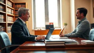 Engaged consultation at https://www.ihavealawsuit.com between a lawyer and client in a law office.