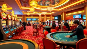 Players engaging with MM88 casino tables and vibrant slot machines, showcasing excitement.