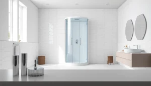 Admire the stunning sirhona shower cabin elegantly displayed in a modern bathroom.