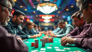 Permainan domino88 login poker game yang seru dengan pemain fokus pada kartu dan chip.