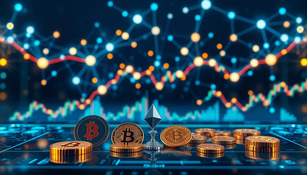 Scena handlu kryptowalutami ukazująca Bitcoin, Ethereum oraz wizualizację sieci blockchain dla bezpiecznych inwestycji.