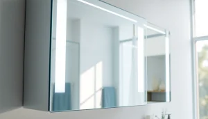 Spiegelschrank mit LED Beleuchtung, modernes Design und praktischen Stauraum im Badezimmer.