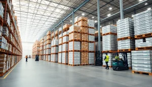 Showcase of warehousing facility with organized pallets and active workers in a vibrant setting.