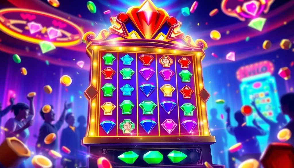 Para pemain bersemangat sedang bermain di slot jewel4d yang berkilauan, menampilkan gem dan simbol jackpot.