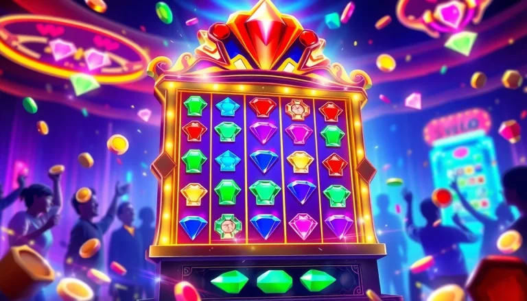 Para pemain bersemangat sedang bermain di slot jewel4d yang berkilauan, menampilkan gem dan simbol jackpot.